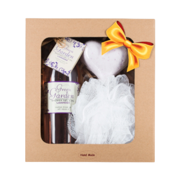 Green Garden zestaw: żel pod prysznic, 250 ml + kula do kąpieli Lavender, 100 g + gąbka do mycia ciała, 1 szt.