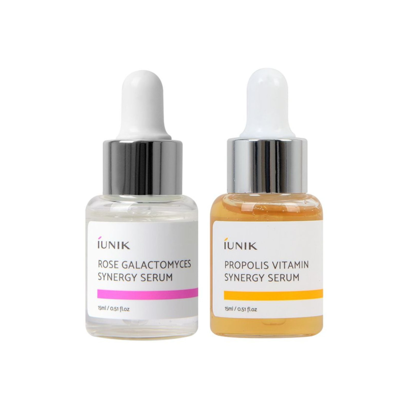 iUNIK zestaw: mini serum nawilżające propolisowe, 15 ml + mini serum nawilżające różane, 15 ml