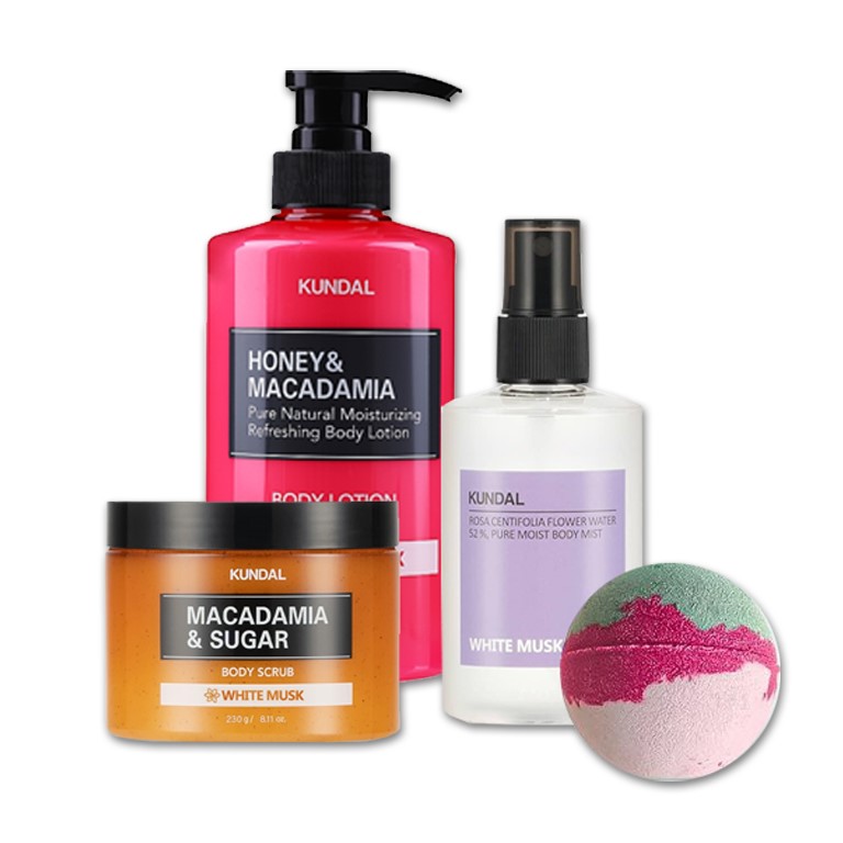 Kundal Bath and Body Gift Box White Musk zestaw: mleczko do ciała, 258 ml + peeling do ciała, 230 g + musująca kula do kąpieli, 1 szt + mgiełka do ...