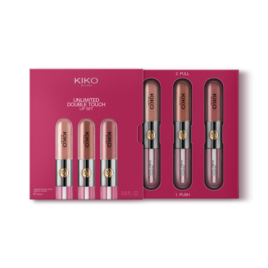 Kiko Milano Unlimited Double Touch Lip Set zestaw do makijażu ust: płynna pomadka dwuetapowa Nude Attitude, 3x6 ml