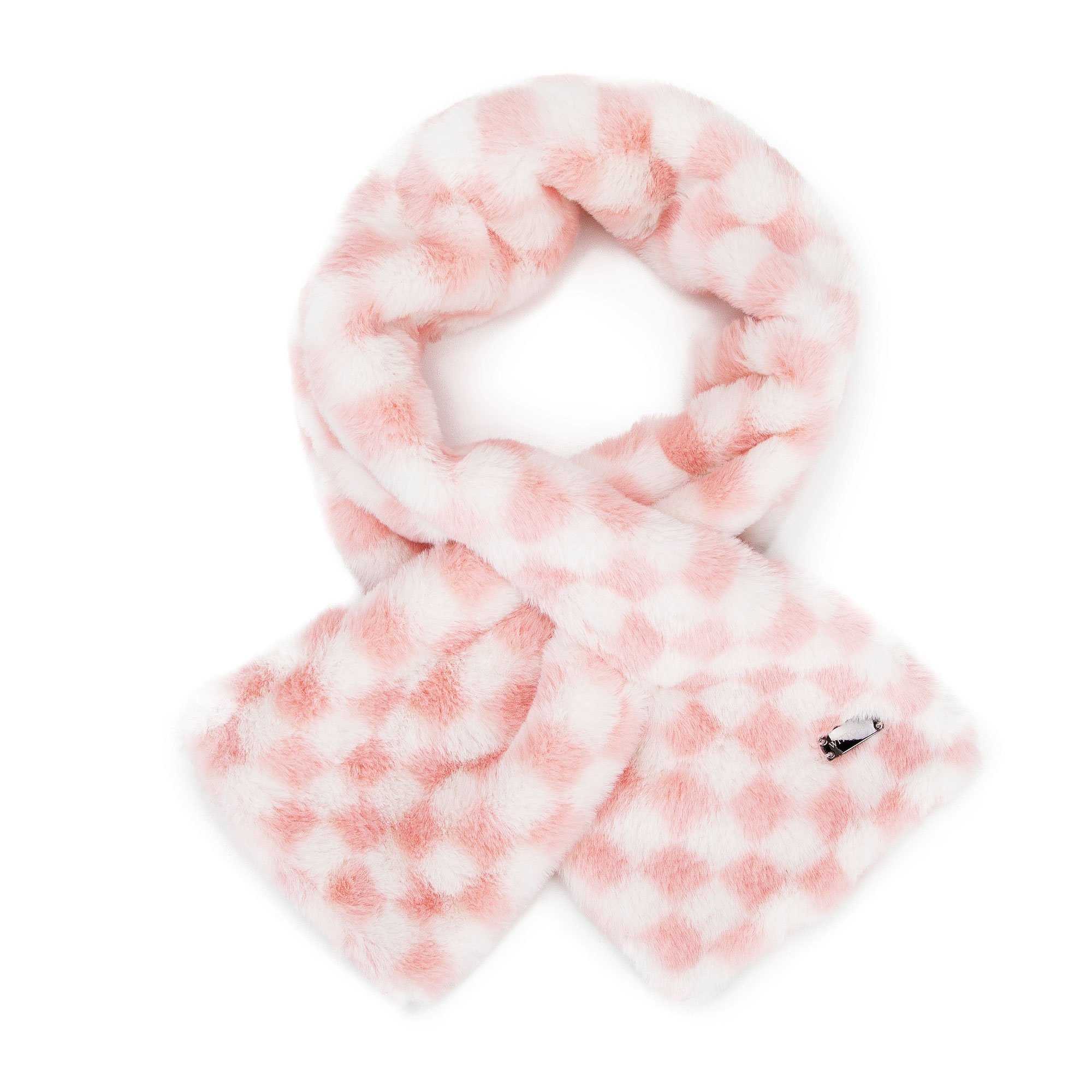 Damski szal ze sztucznego futerka w kratkę różowo-biały