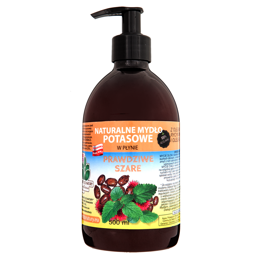 Powrót do natury Prawdziwe szare 100% roślinne naturalne mydło potasowe w płynie "prawdziwe szare” z olejem rycynowym i ole-jem z melisy, 500 ml