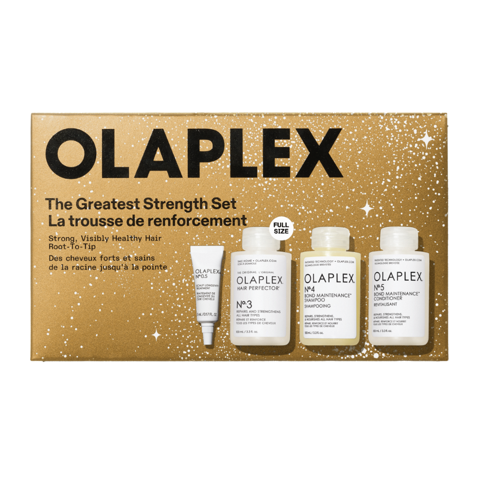 Olaplex Greatest Strength zestaw: serum do skóry głowy, 5 ml + kuracja do włosów, 100 ml + szampon do włosów, 100 ml + odżywka do włosów, 100 ml