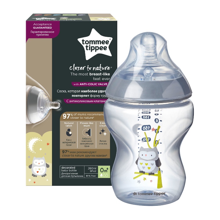 Tommee Tippee Closer To Nature butelka do karmienia ze smoczkiem silikonowym 0m+ Sowa, poj. 260 ml, 1 szt.