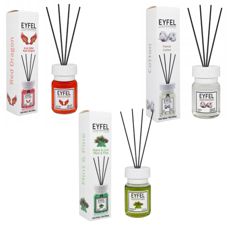 Eyfel zestaw zapachów do domu: zapach czerwony anioł, 120 ml + zapach bawełna, 120 ml + zapach miętowa sosna, 120 ml