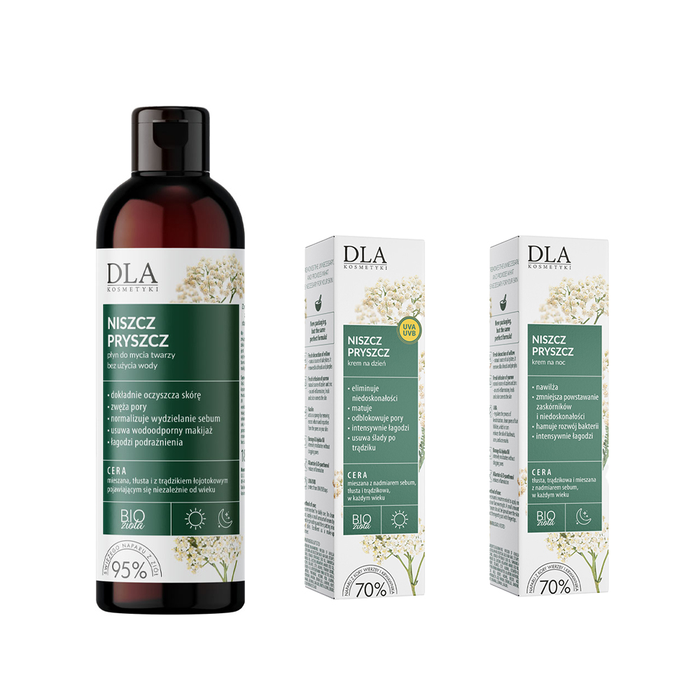 Kosmetyki DLA Niszcz Pryszcz zestaw do twarzy: krem na dzień, 30 g + krem na noc, 30 g + płyn do mycia twarzy, 180 g