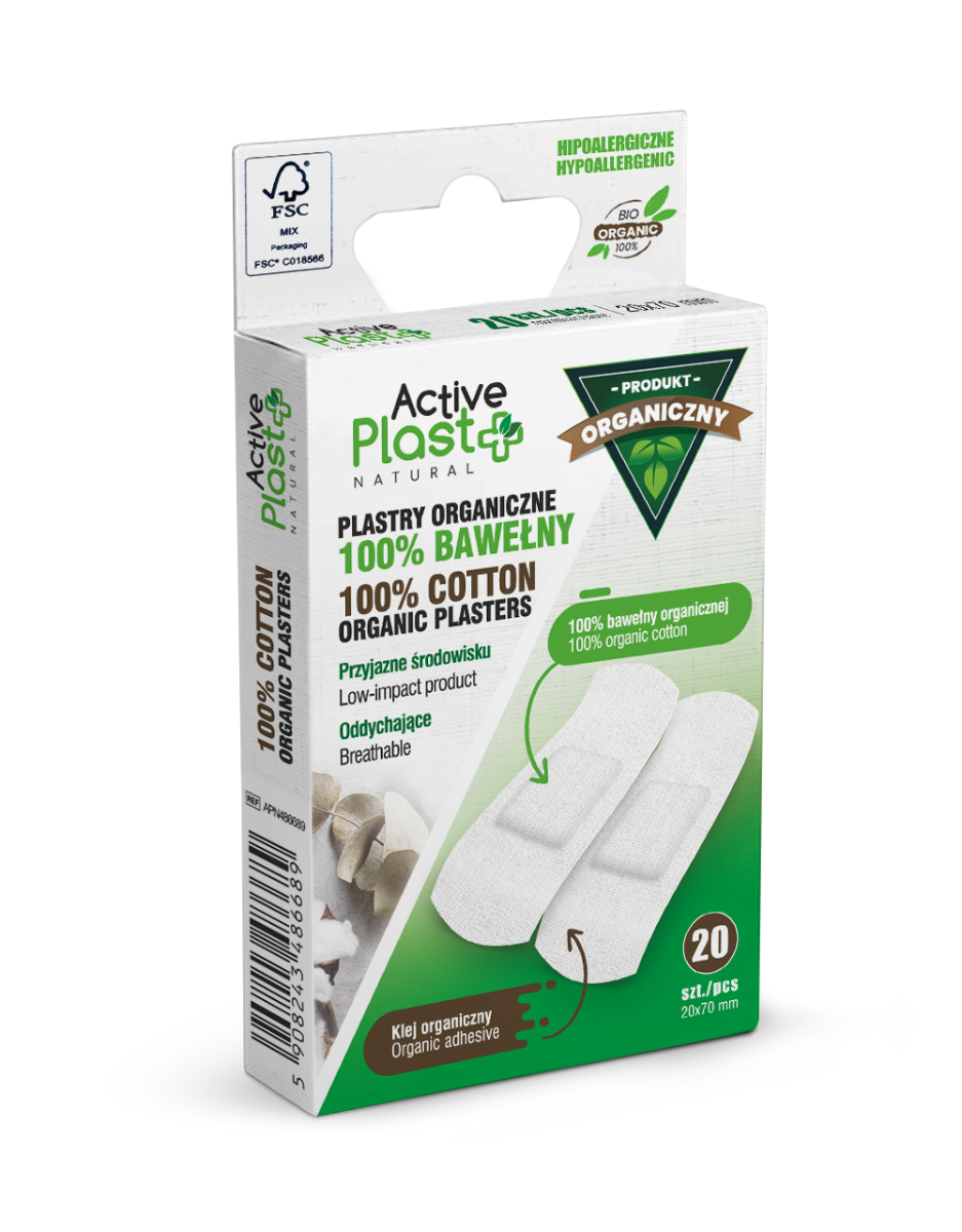 Active Plast, plastry opatrunkowe BIO ze 100% bawełny organicznej, 2x7 cm, 20 sztuk