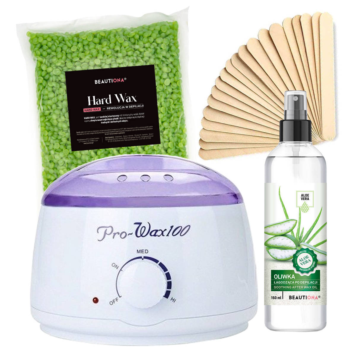 Beautiona zestaw do depilacji: podgrzewacz do wosku, 1 szt. + wosk twardy w dropsach, 1000 g + oliwka, 150 ml + drewniana szpatułka, 10 szt.
