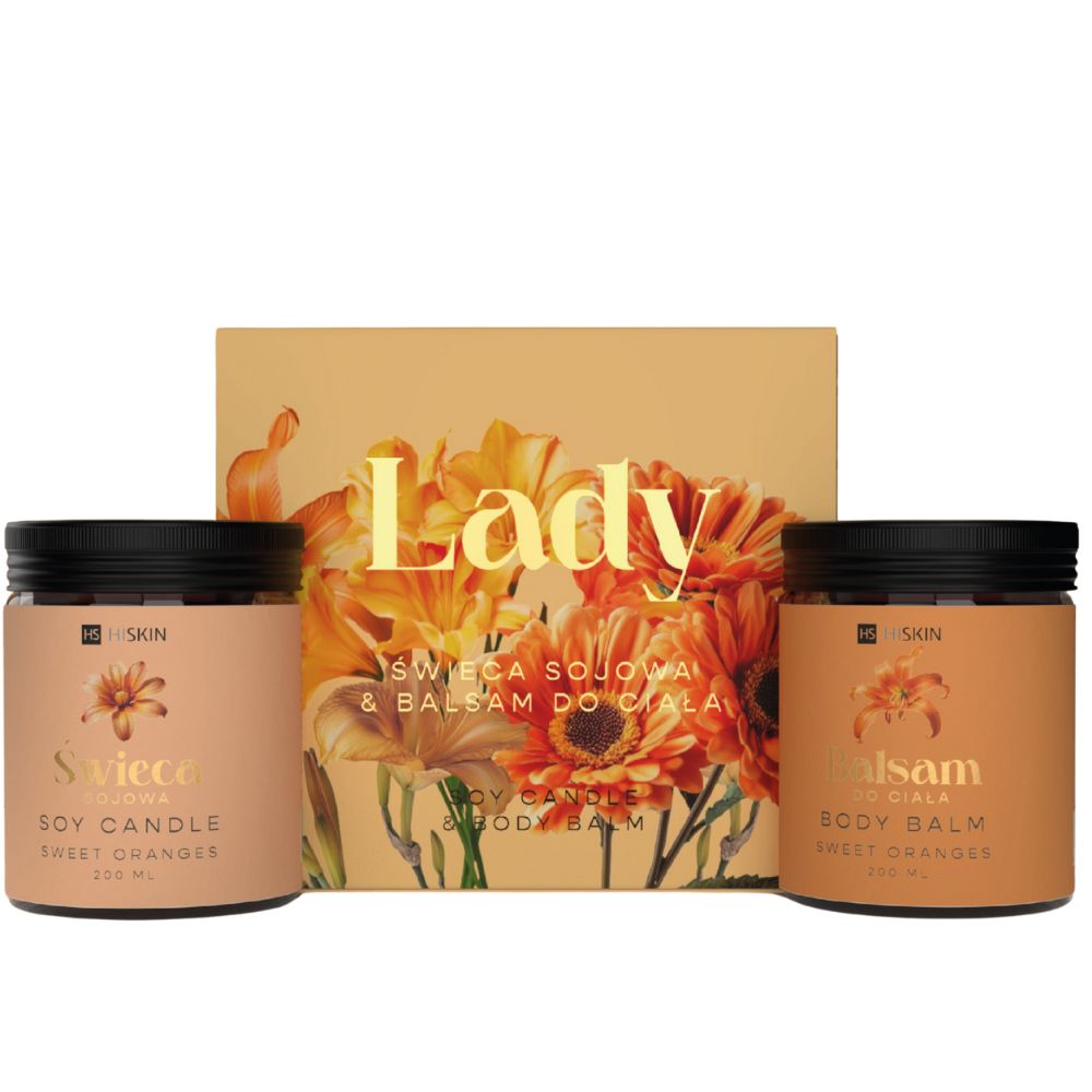 HiSkin Lady Orange zestaw: świeczka sojowa, 200 ml + balsam do ciała, 200 ml