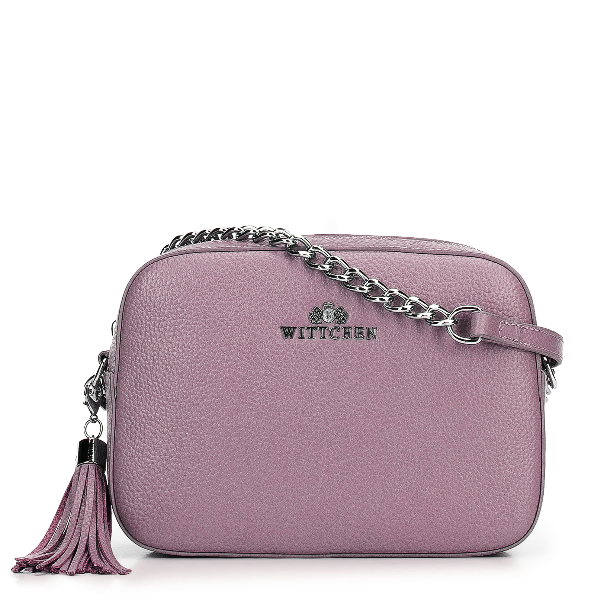 Damska listonoszka skórzana pudełkowa na łańcuszku fioletowa