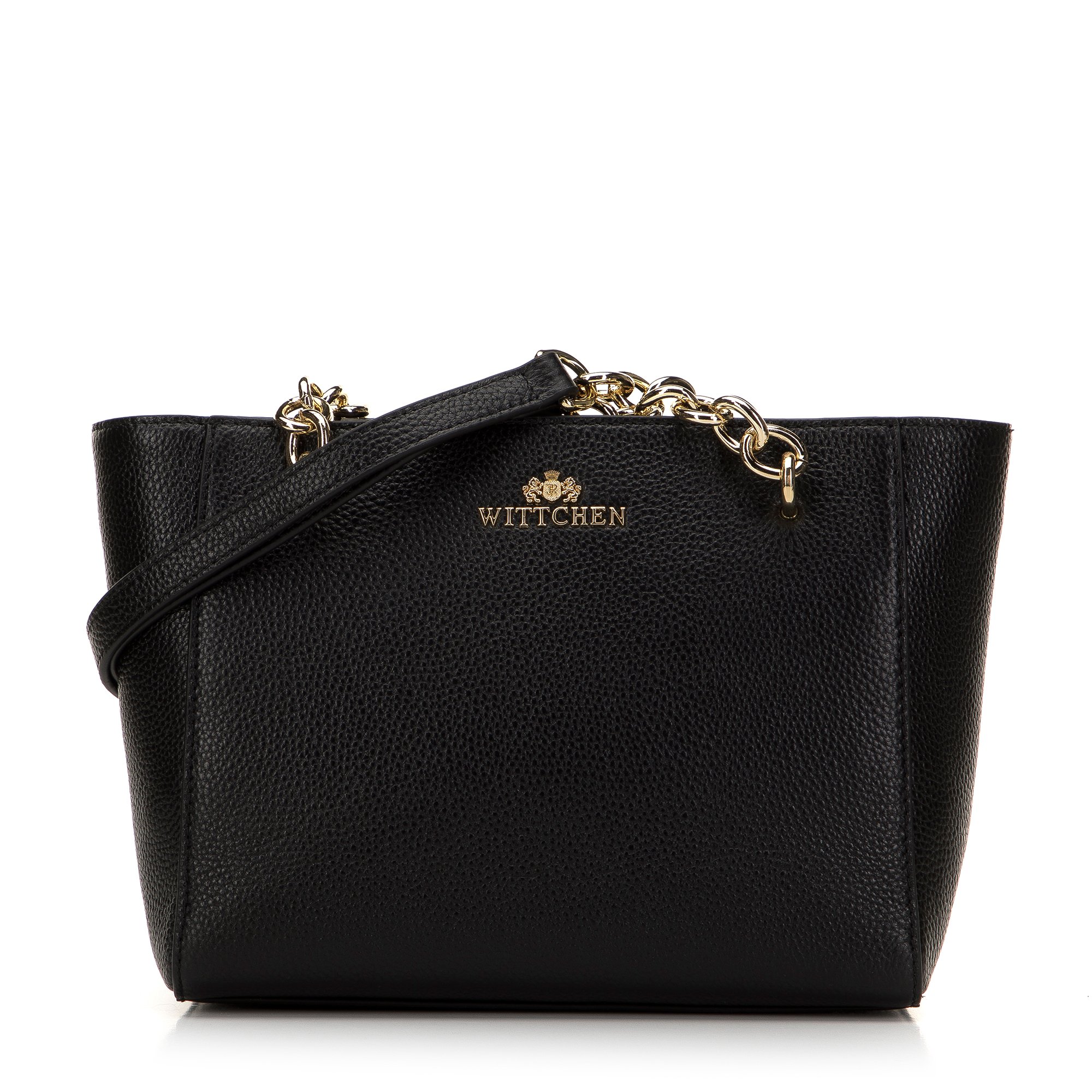 Torebka shopperka skórzana z łańcuszkami mała czarno-złota