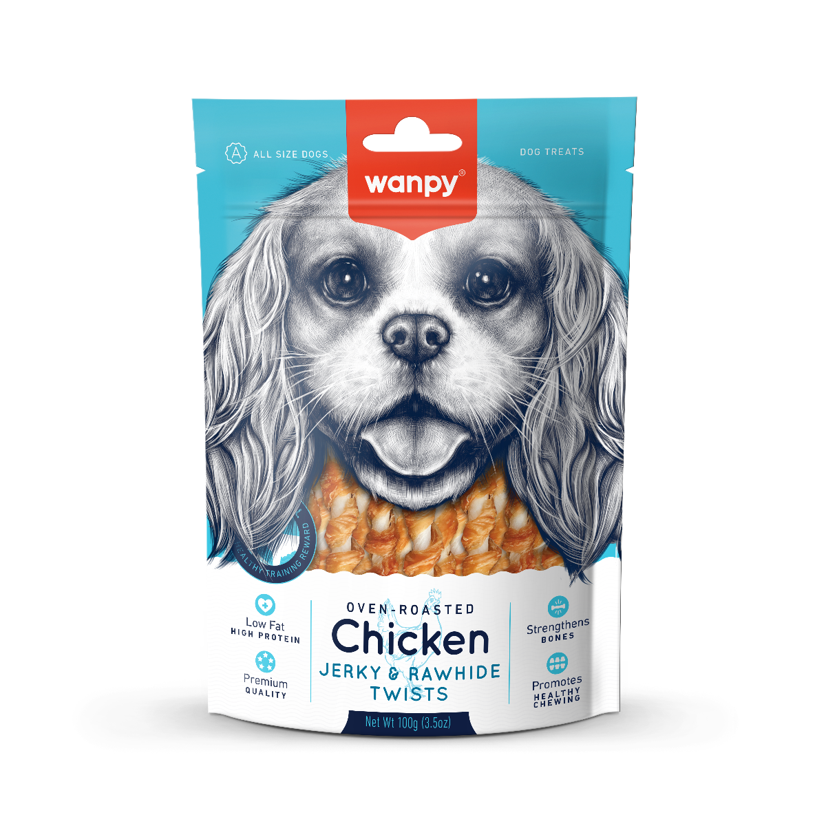 Wanpy Chicken Jerky & Rawhide Twists przysmak dla psa pałeczki owinięte w mięso z kurczaka, 100 g