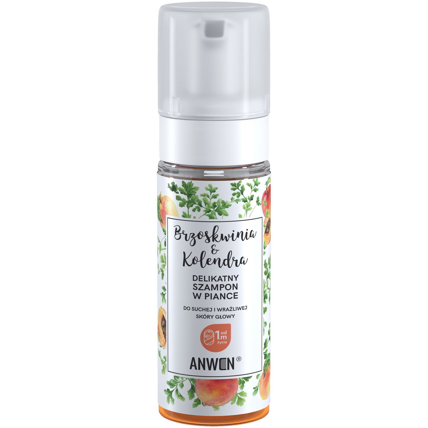 Anwen Brzoskwinia&Kolendra delikatny szampon w piance do suchej i wrażliwej skóry głowy, 170 ml
