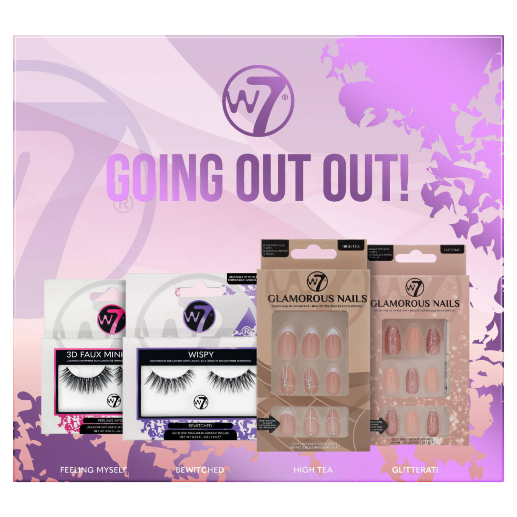 W7 Going Out Out! zestaw: sztuczne rzęsy na pasku, 2 pary + klej do rzęs, 1 ml + sztuczne paznokcie, 48 szt.