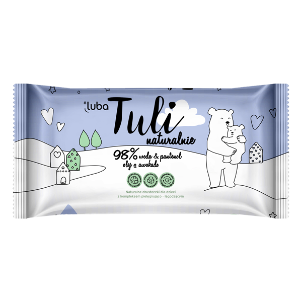 Luba Tuli naturalne chusteczki nawilżane z kompleksem pielęgnująco - łagodzącym na bazie 98% wody, pantenolu i oleju z awokado, 50 szt./1 opak.