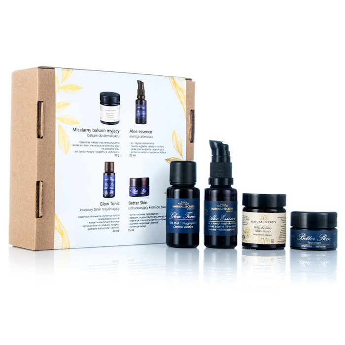 Natural Secrets Premium zestaw The Best of: tonizująca kuracja rozjaśniająca, 20 ml + esencja aloesowa, 20 ml + krem do twarzy, 15 ml + micelarny b...