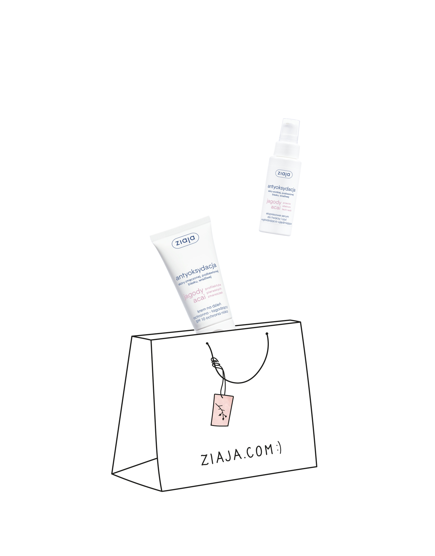 duet jagody acai krem na dzień ochronno-łagodzący SPF 10 ochrona niska + jagody acai ekspresowe serum do twarzy i szyi wygładzająco-ujędrniające Ziaja