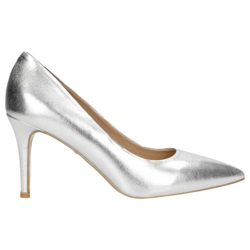 Wojas Srebrne Czółenka Damskie Ze Skóry Licowej Foliowanej