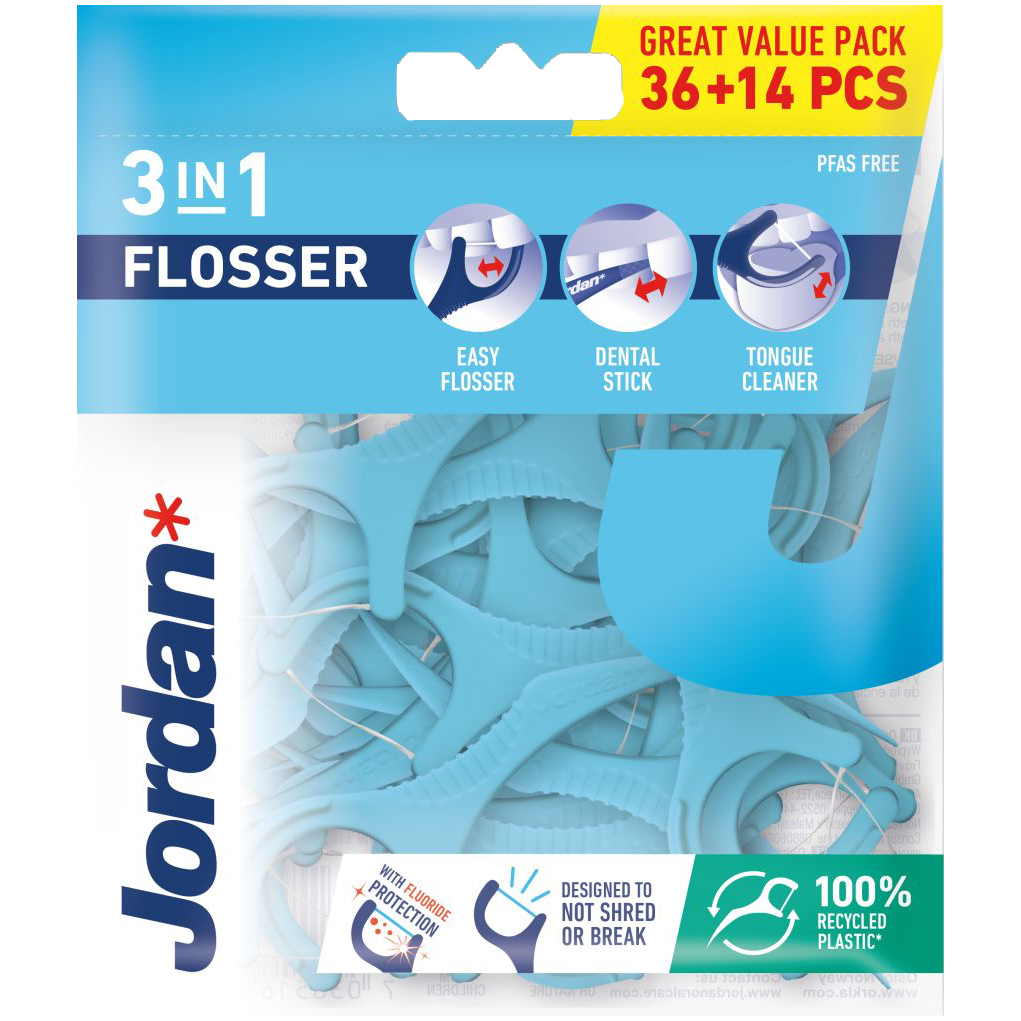Jordan Flosser 3in1 nić dentystyczna do czyszczenia przestrzeni międzyzębowych i języka 3w1, 36 szt./1 opak.