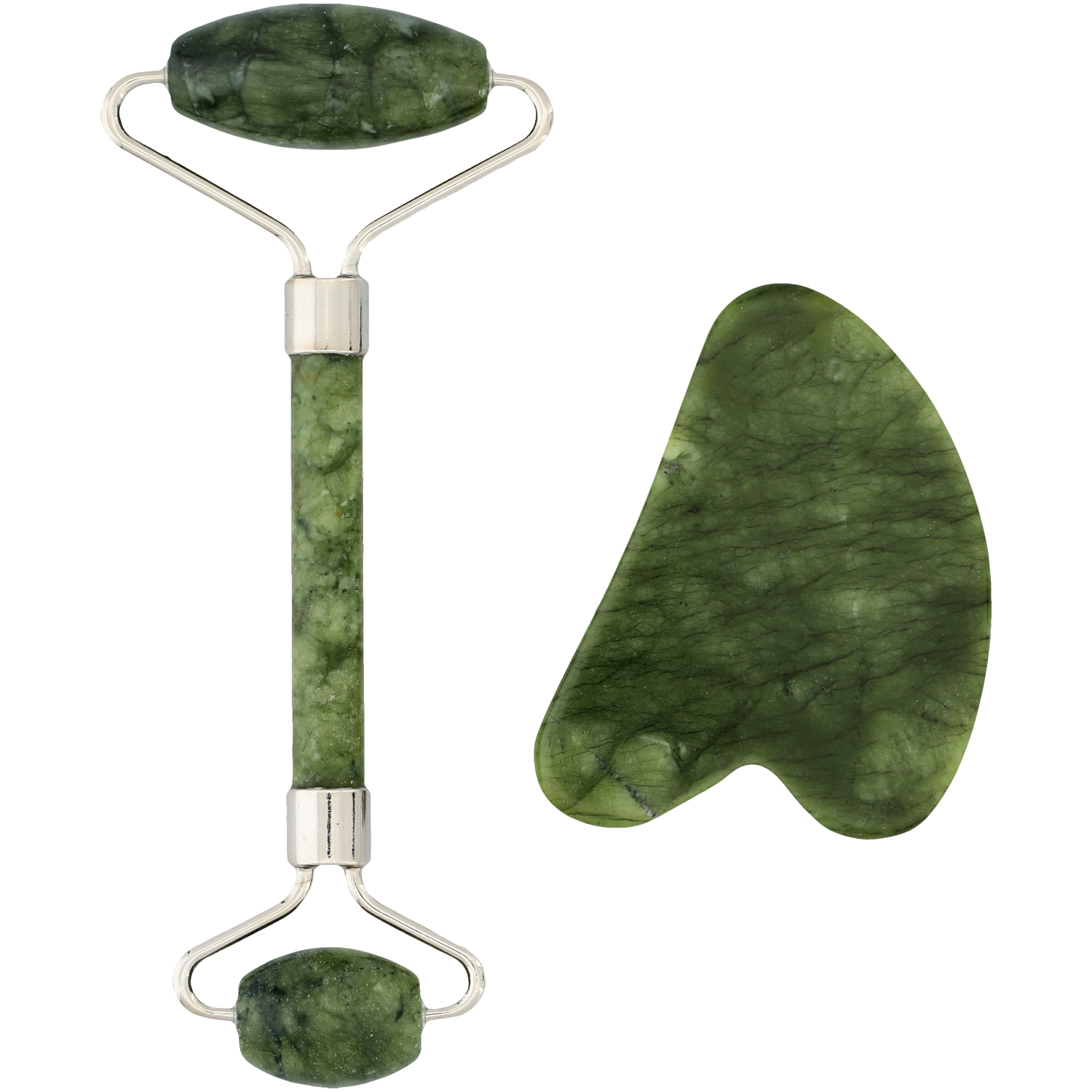 Hebe Professional Green Serpentine Massage Roller Set zestaw: kamień serpentynowy gua sha do masażu twarzy, 1 szt. + serpentynowy roller do masażu ...
