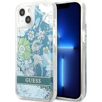 Etui GUESS Flower Liquid Glitter do iPhone 13 Mini Zielony