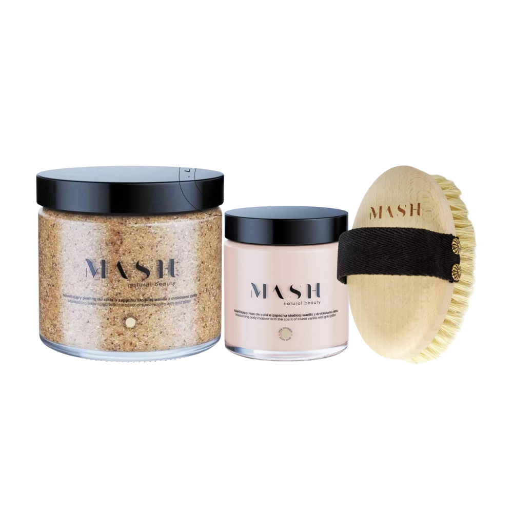 Mash Glow zestaw: nawilżający peeling do ciała, 300 g + nawilżający mus do ciała, 120 ml + wegańska szczotka do ciała, 1 szt.