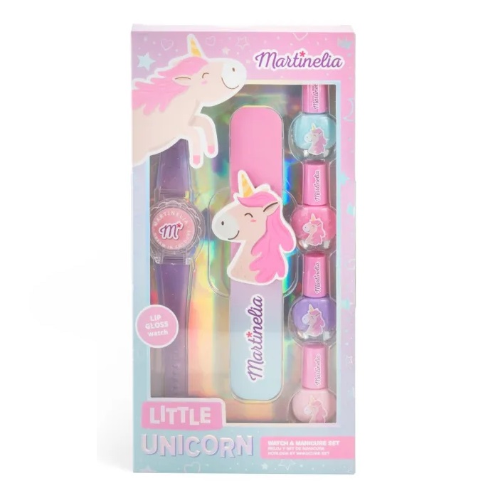 Martinelia Little Unicorn zestaw: uroczy zegarek z błyszczykiem, 1 szt. + lakier do paznokci, 4 szt. + pilnik, 6 szt.