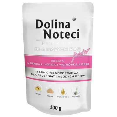 Karma dla psa DOLINA NOTECI Premium Junior bogata w serca z indyka z wątróbką z gęsi 100 g
