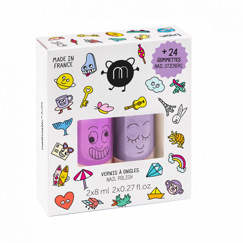 Nailmatic Crac Set zestaw: lakier do paznokci Marshi, 8 ml + lakier do paznokci Piglou, 8 ml + naklejki na paznokcie, 24 szt.