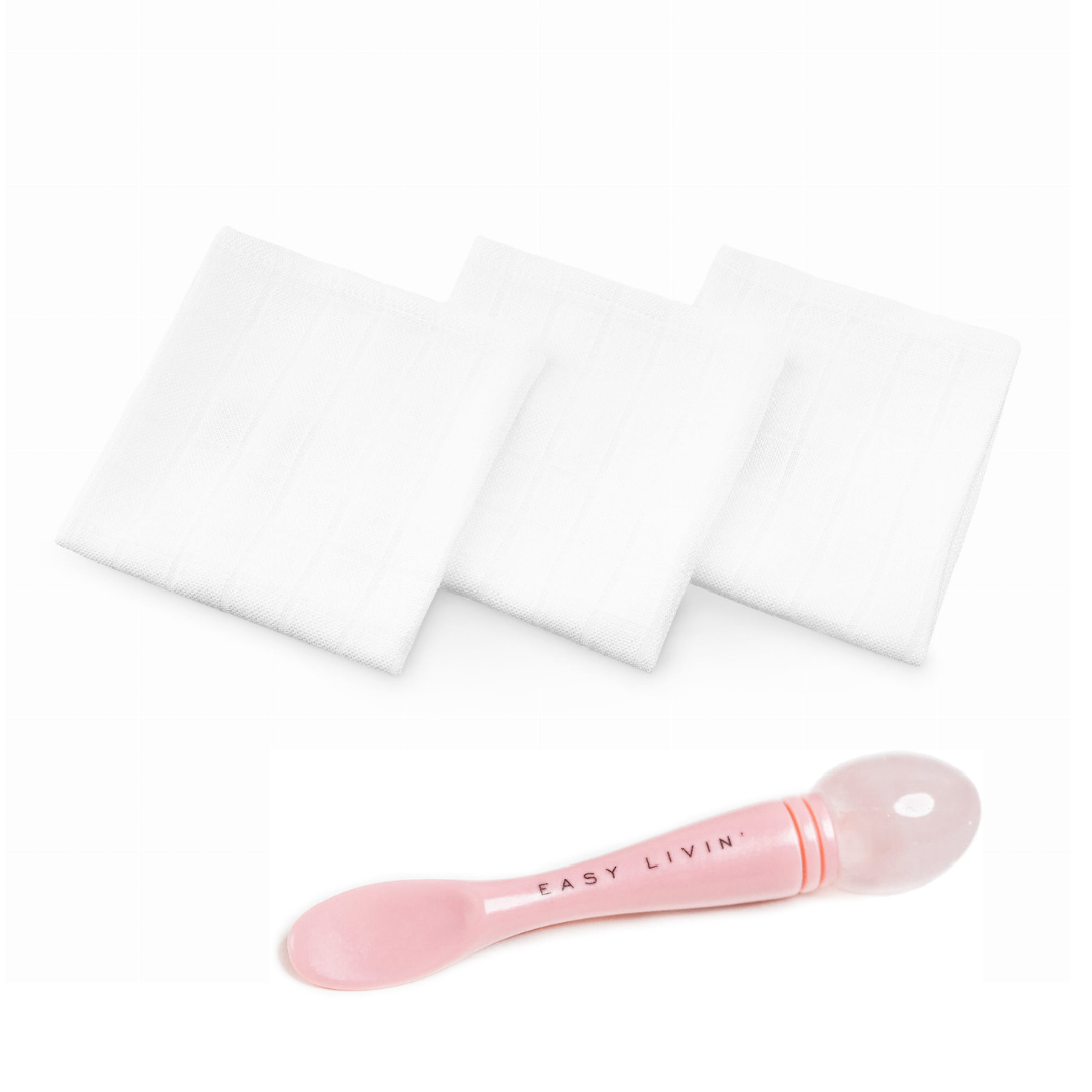 Easy Livin' zestaw: szpatułka do kremu i masażu okolic oka z różowego kwarcu, 1 szt. + ręczniczek do twarzy z wiskozy bambusowej, 3 szt.