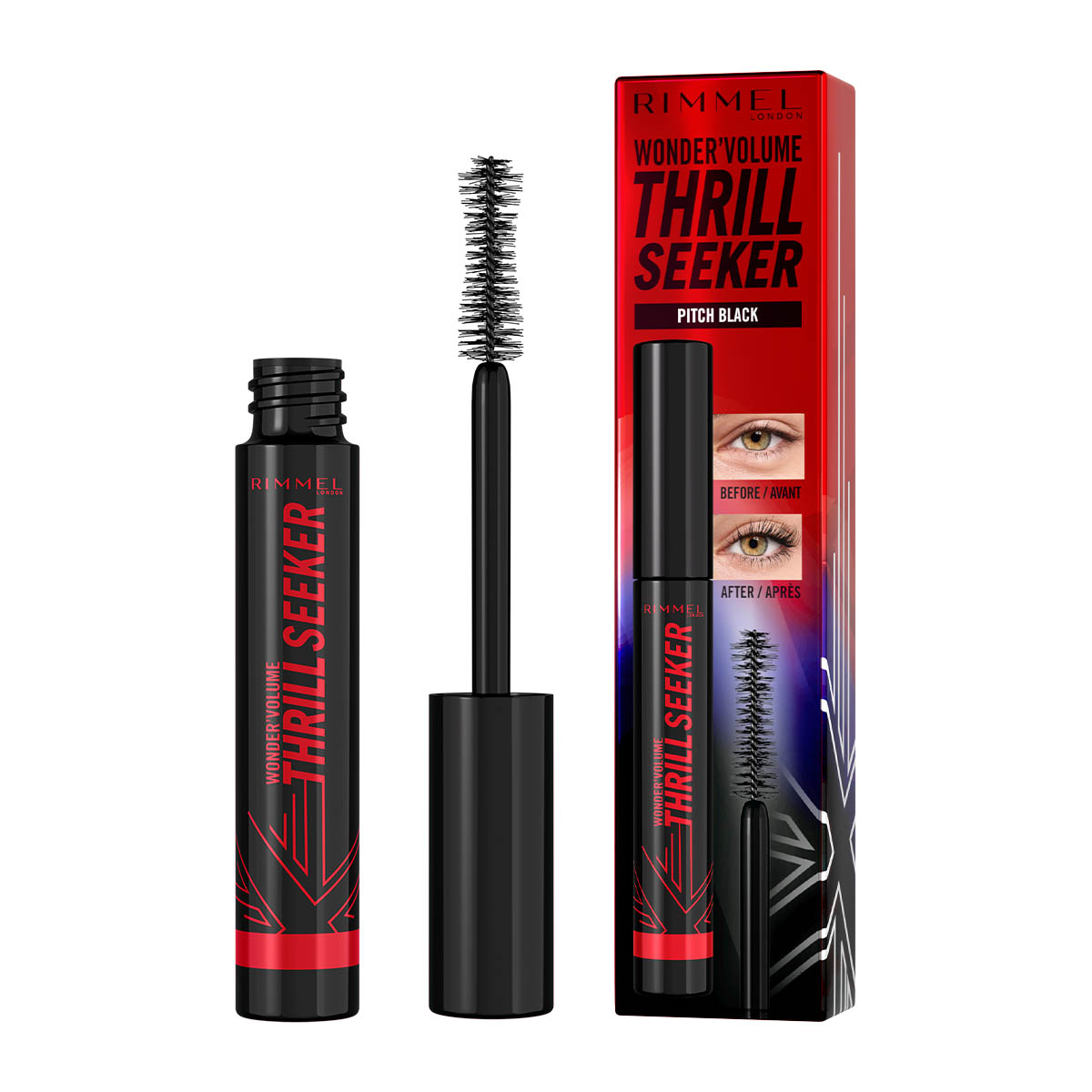 Rimmel Thrill Seeker wydłużający i zwiększający objętość tusz do rzęs z ultraczarnymi pigmentami 004 Pitch Black, 8 ml