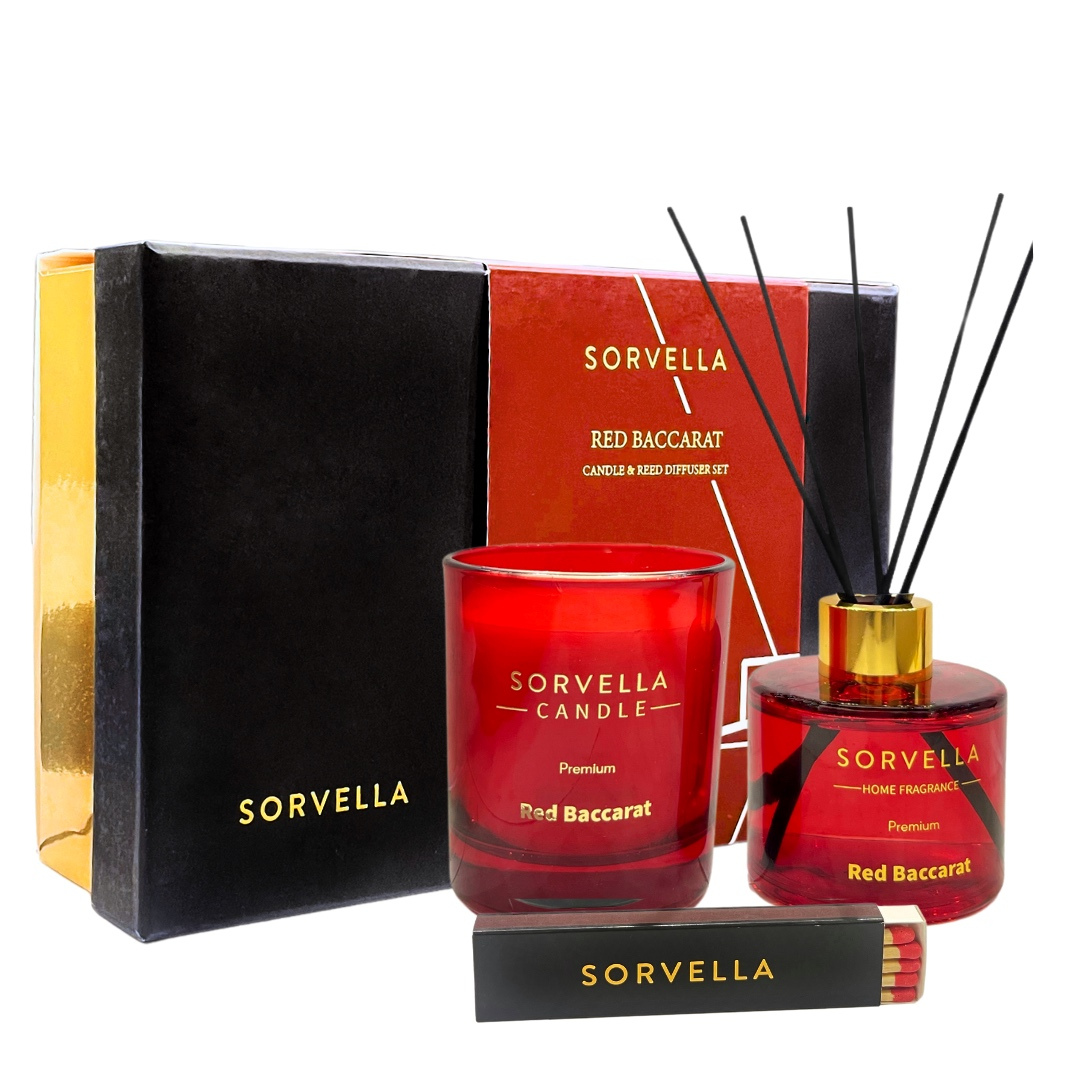 Sorvella Perfume  Red Baccarat zestaw: świeca zapachowa, 170 g + dyfuzor zapachowy, 120 ml + zapałki, 1 opak.