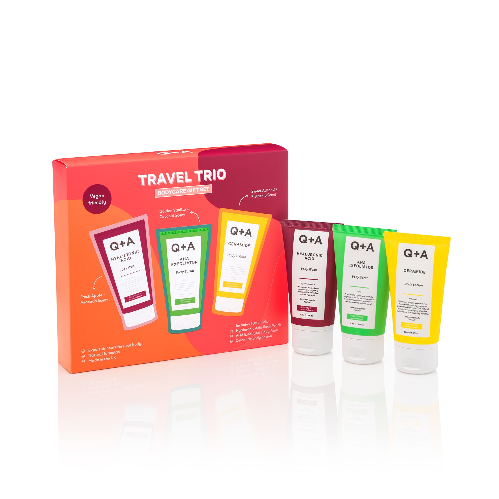 Q+A Trio Body Care zestaw: peeling do ciała, 50 ml + żel do mycia ciała, 50 ml + balsam do ciała, 50 ml