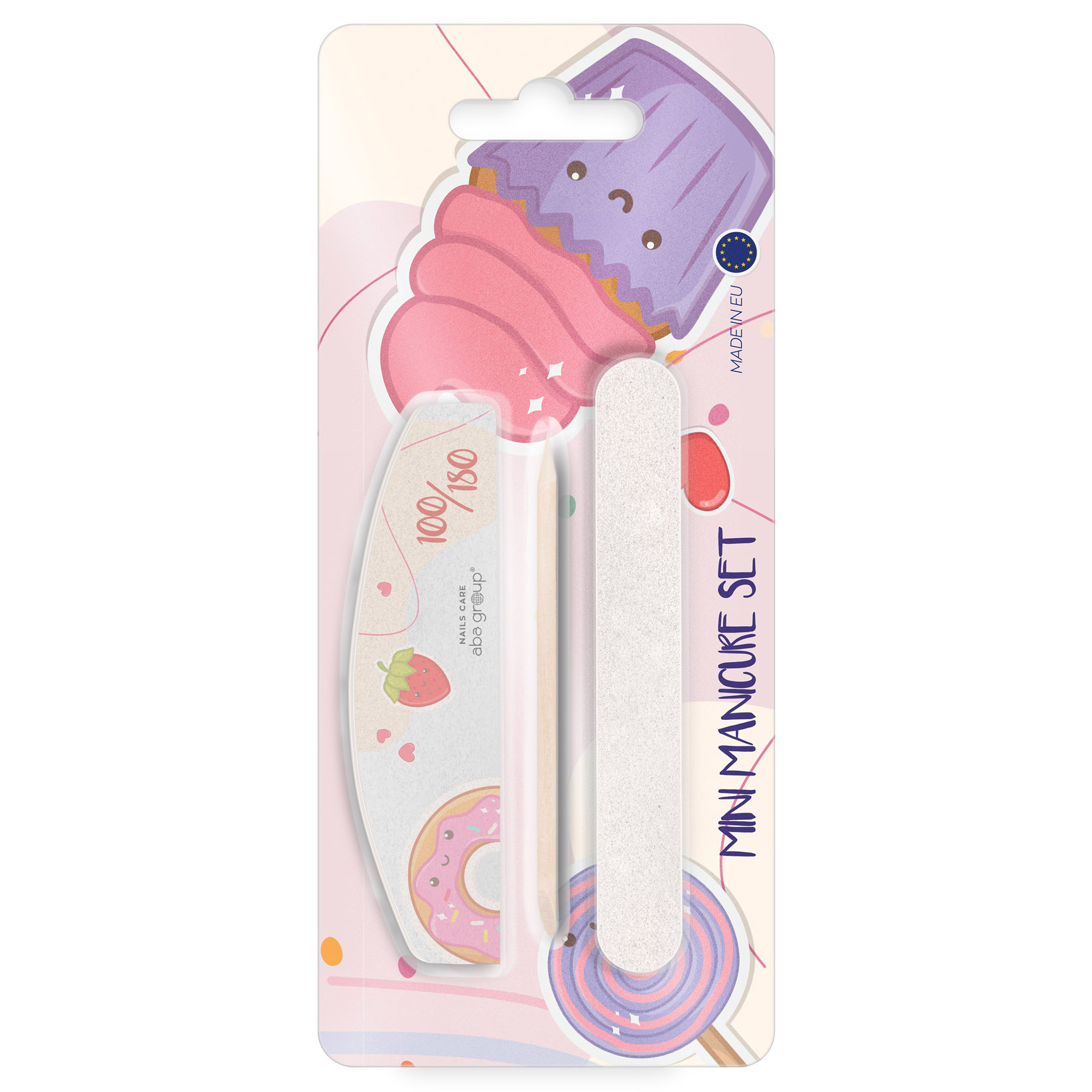 Aba Group Nails Care zestaw: mini pilnik półksiężyc 100/180, 1 szt. + mini pilnik prosty 100/180, 1 szt. + patyczek drewniany, 1 szt.