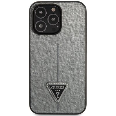 Etui GUESS Saffiano Triangle Logo do Apple iPhone 13 Pro Srebrny
