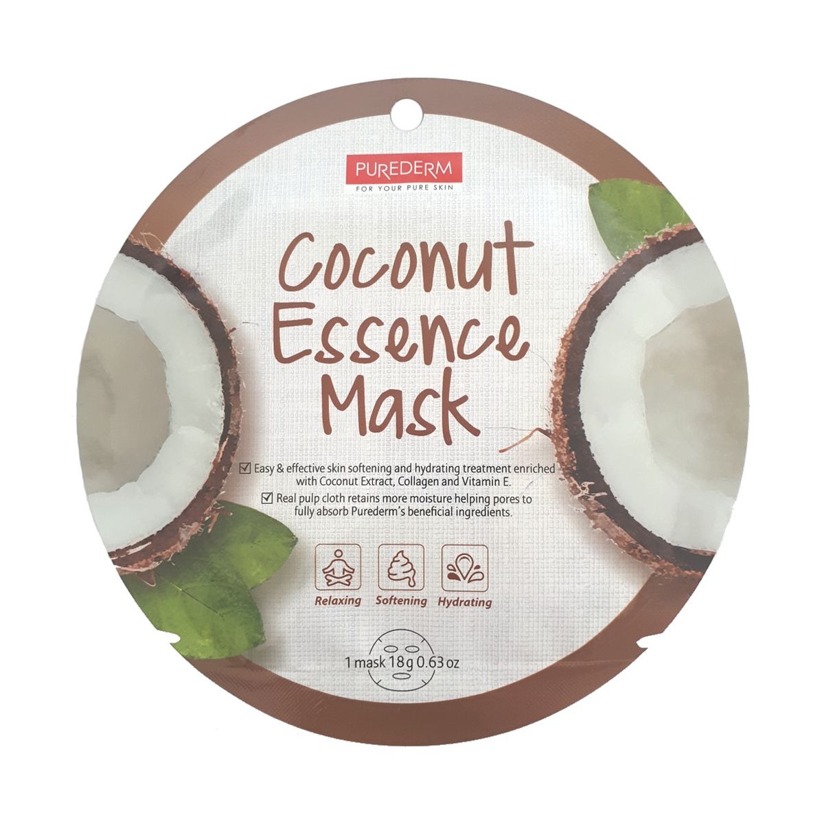 Purederm Coconut Essence wygładzająco-nawilżająca maska kolagenowa z kokosem do twarzy, 1 szt.