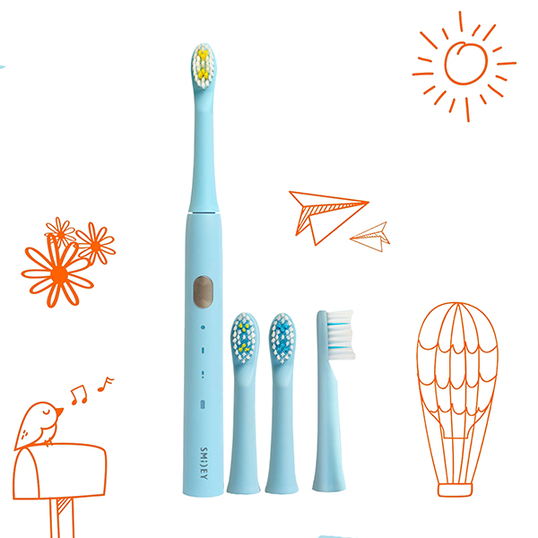 Smiley Light Kids zestaw: szczoteczka soniczna dla dzieci Niebieska, 1 szt. + końcówki zapasowe, 3 szt.