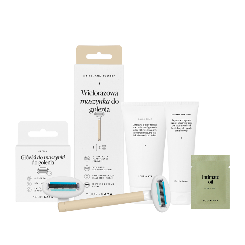 Your Kaya zestaw do golenia na start: maszynka, 1 szt. + wymienne ostrza, 6 szt. + krem do golenia, 50 ml + olejek intymny, 2 ml + peeling do okoli...