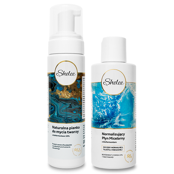 Shelee normalizujący płyn micelarny z biofermentem z owsa i niacynamidem, 250 ml + naturalna pianka do mycia twarzy z biofermentem 10%, 200 ml