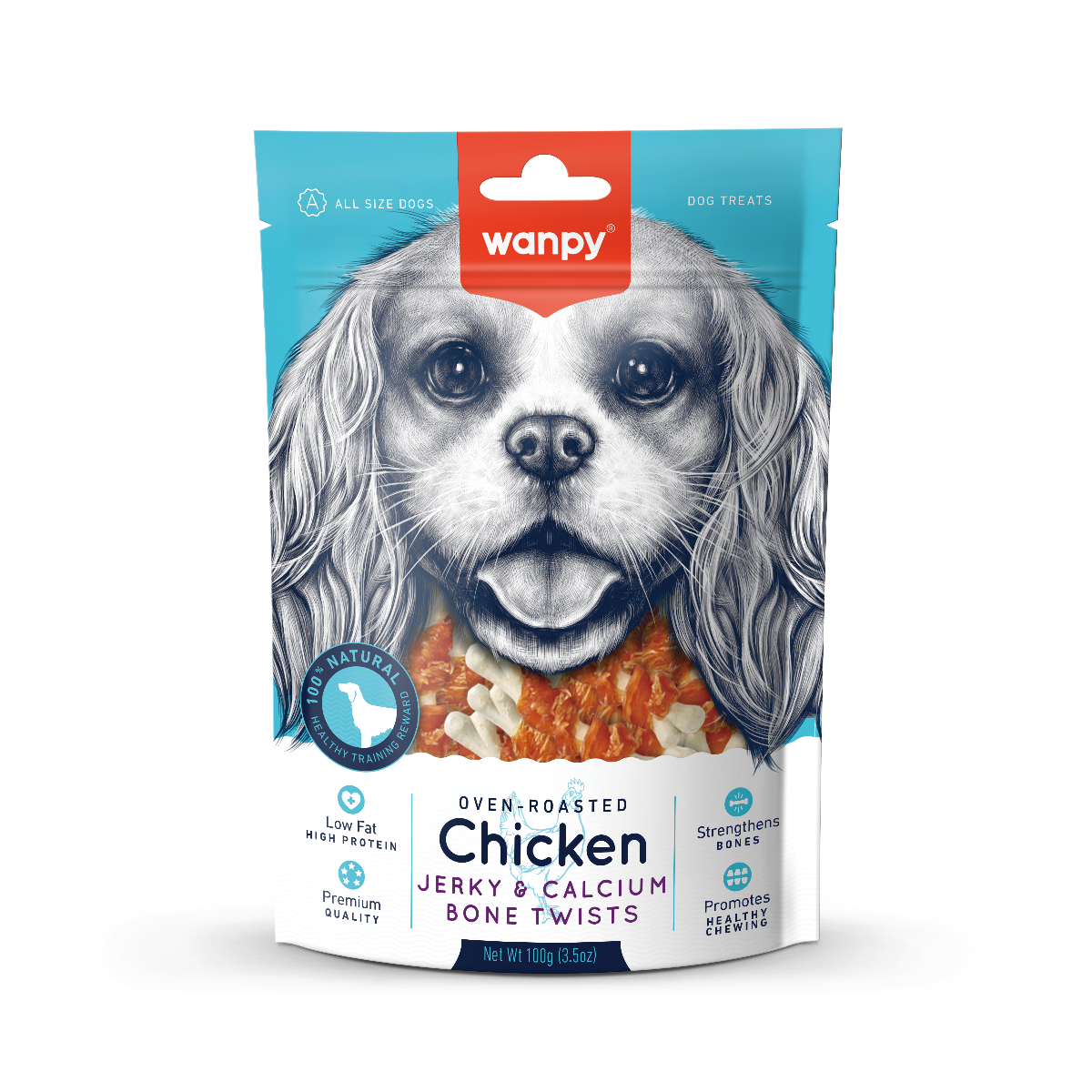Wanpy Chicken Jerky & Calcium Bone Twist przysmak dla psa kosteczki z wapniem zawinięte w paseczki kurczaka, 100 g