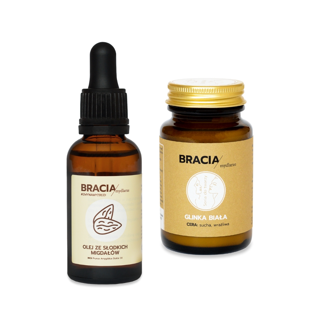 Bracia Mydlarze zestaw nawilżający do twarzy: olej z migdałów, 30 ml + glinka, 75 ml