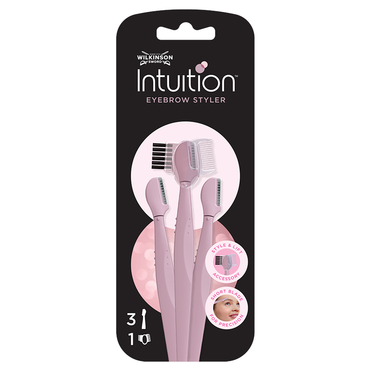 Wilkinson Sword Intuition Eyebrow Styler maszynka do stylizacji i regulacji brwi z wymiennymi ostrzami, 3 szt./1 opak.