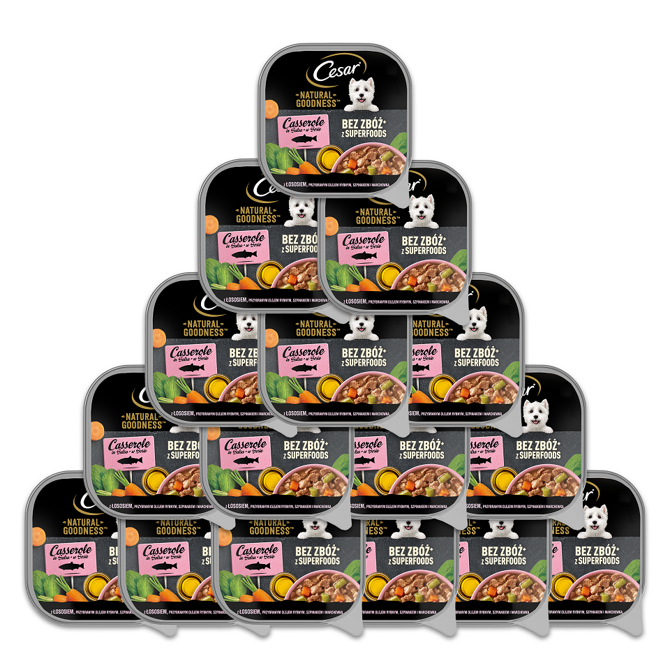 CESAR tacka 16x100 g mokra karma pełnoporcjowa dla dorosłych psów z łososiem  wzbogacony olejem rybnym, szpinakiem i marchewką w sosie