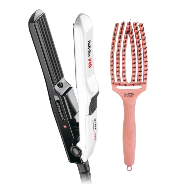 Babyliss Pro Baby Crimp and Finger Brush Combo Bloom zestaw do stylizacji włosów: mini karbownica do włosów 15mm, 1 szt. + szczotka do rozczesywani...