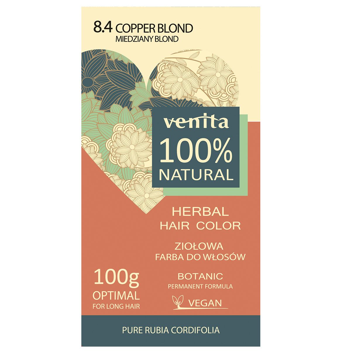 Venita 100% Natural ziołowa farba do włosów 8.4 miedziany blond, 100 g