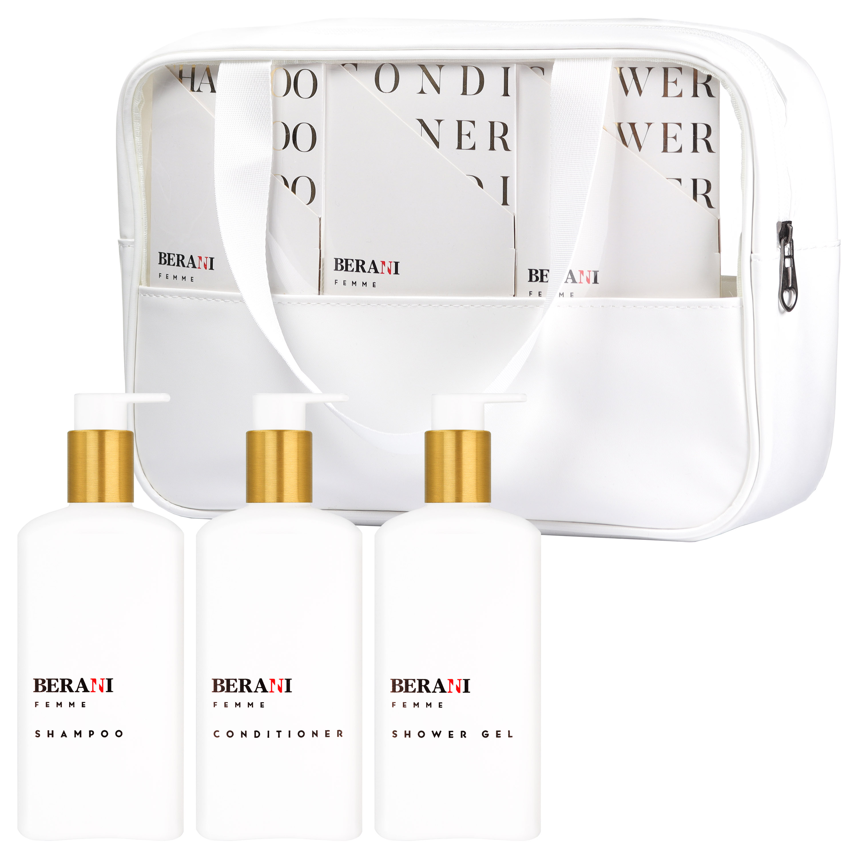 Berani Femme ESSENTIAL HAIR & BODY CARE SET zestaw do codziennej pielęgnacji włosów i ciała: szampon, 300 ml + odżywka, 300 ml + żel pod prysznic, ...