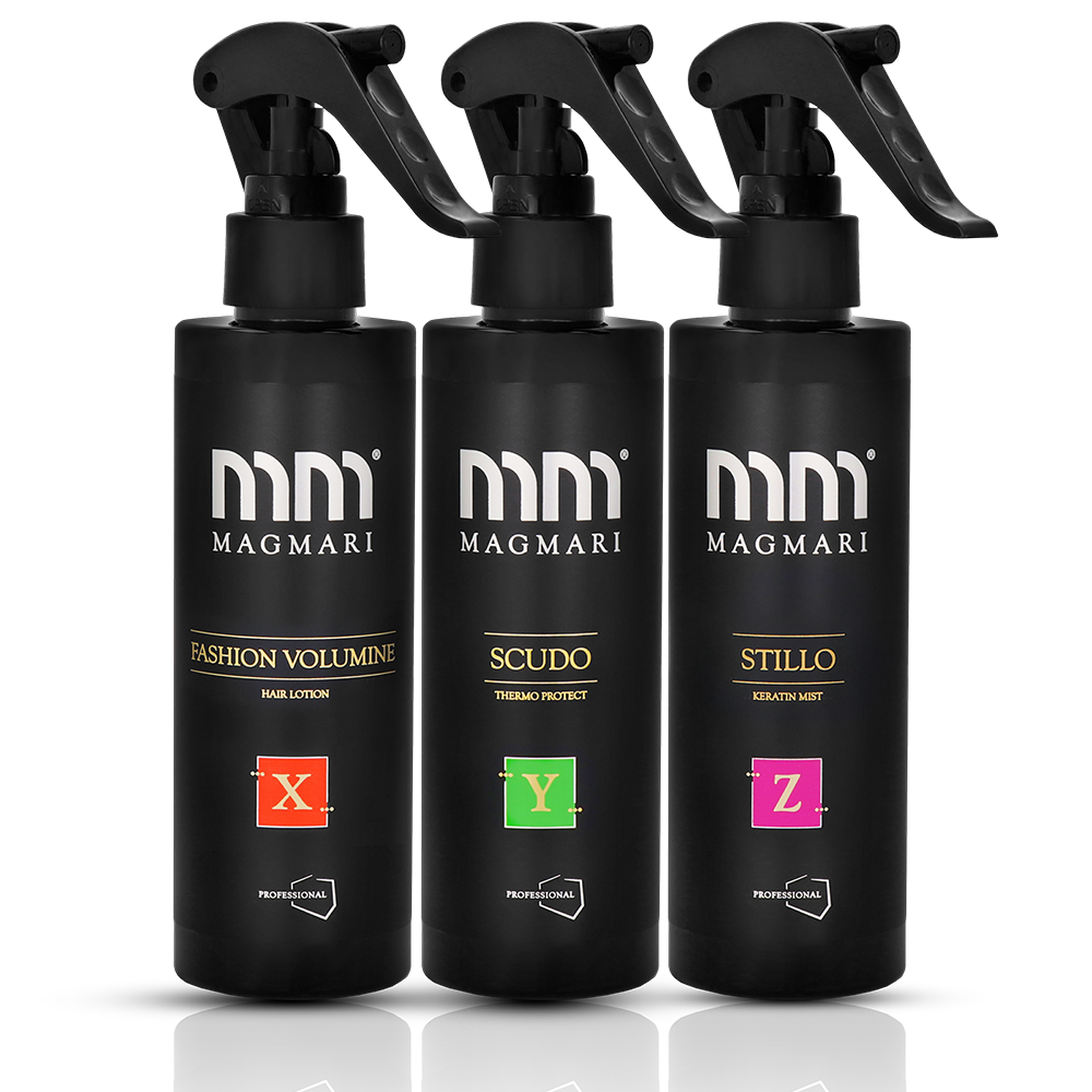 Magmari zestaw: mgiełka Stillo, 200 ml + lotion Fashion Volumine, 200 ml + spray termoochronny Scudo, 200 ml