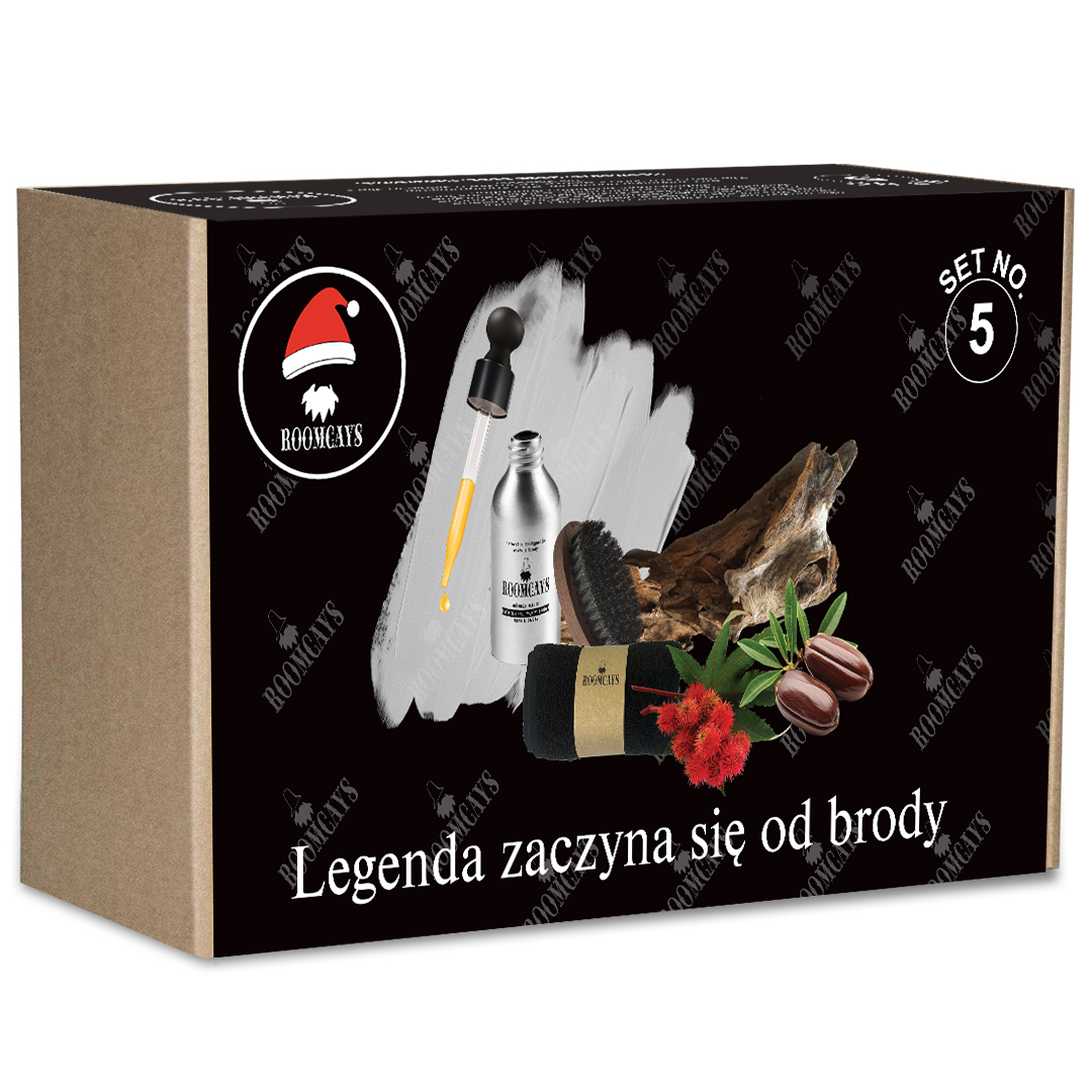 Roomcays NO.5 zestaw: olejek do brody i wąsów, 50 ml + szczotka do brody, 1 szt. + ręcznik do twarzy, 1 szt.