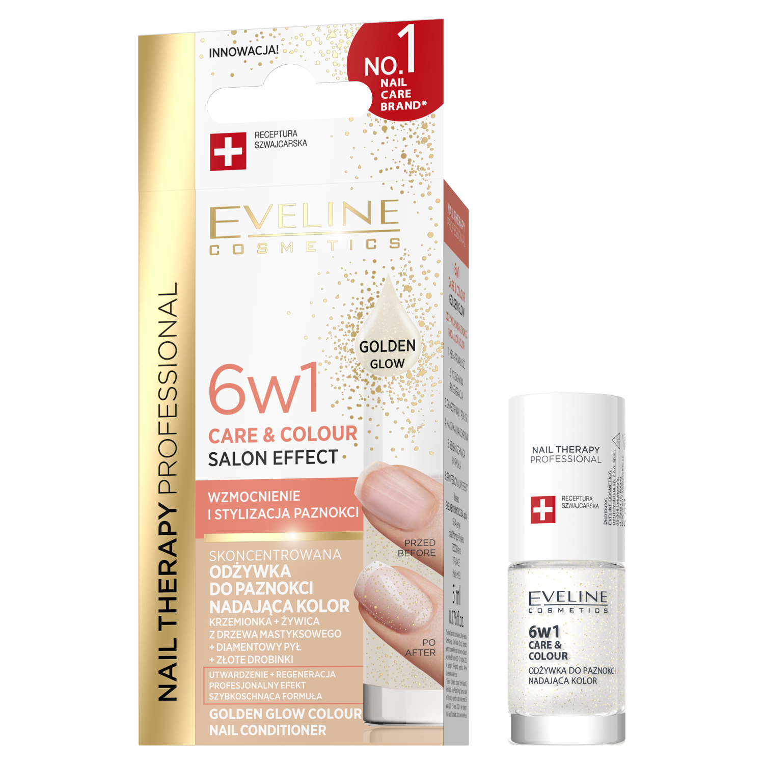 Eveline Cosmetics Nail Therapy Professional skoncentrowana odżywka do paznokci nadająca kolor 6w1 golden glow, 5 ml