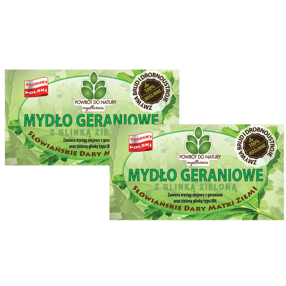 Powrót do natury 100 % roślinne naturalne mydło geraniowe z zieloną glinką, 2 szt.